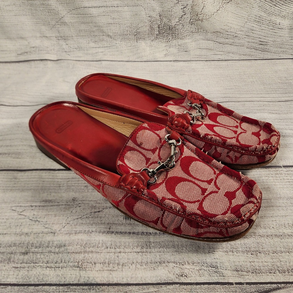 Coach Pennie 8.5 B Red Signature Jacquard Horsebit Mules Slides Shoes Italy Y2K